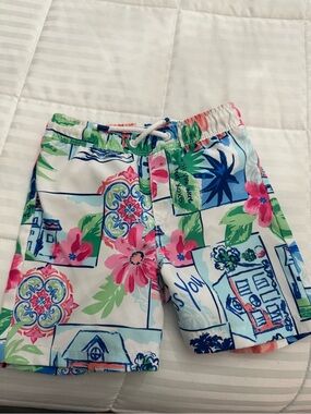 Gymboree White Floral & Blue Patterned Kids Swim Trunks